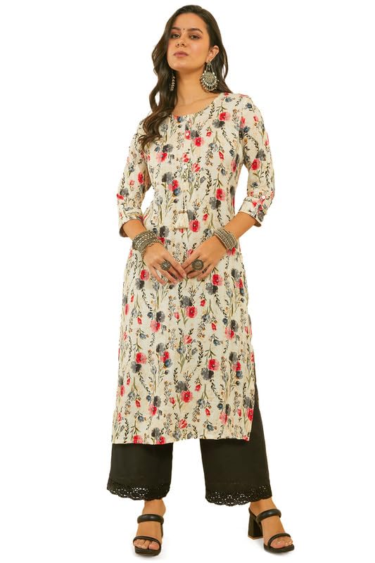 Image of Soch Womens Rayon Straight Fit Floral Print Straight Kurta with Kantha Weave