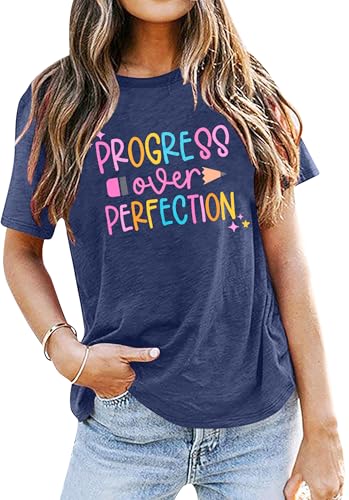 LUKYCILD Teacher Shirt Women First Day of School Shirts Progress Over Perfection Tee Casual Teacher Life Short Sleeve T-Shirt