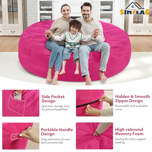 7FT Bean Bag Chair, Large Bean Bag Chairs with Memory Foam Filled, Fluffy Beanbag Sofa with Dutch Velvet Cover, Round BeanBag Chairs for Living Room, Playroom - Pink