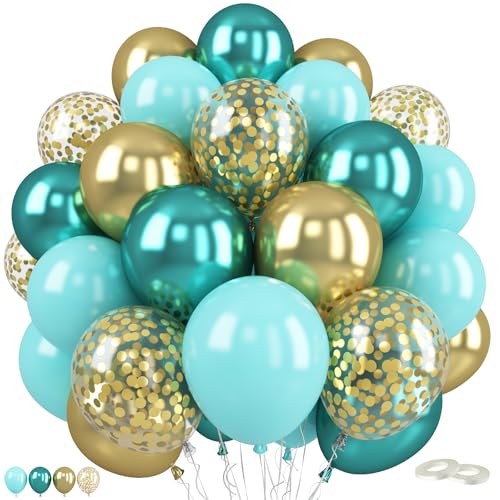Teal Balloons,60 Pcs 12 Inches Metallic Green and Gold Blue Balloons with Confetti Balloons for Birthday Baby Shower, Jungle Theme Party Balloons,Wedding Decorations Supplies