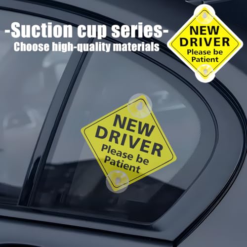 Image of 2PCS New Driver Car Sign, 5 x 5 Inch Please Be Patient Vehicle Window Sign Stickers with Suction Cups, Safety Warning Automotive Decal for Beginners Driving Learner, Universal Fit (Style 1)