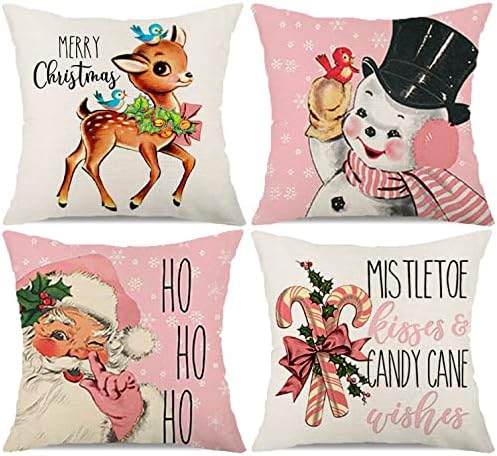 Pink Christmas Decorations Pillow Covers 18×18 Set of 4 Snowflake...