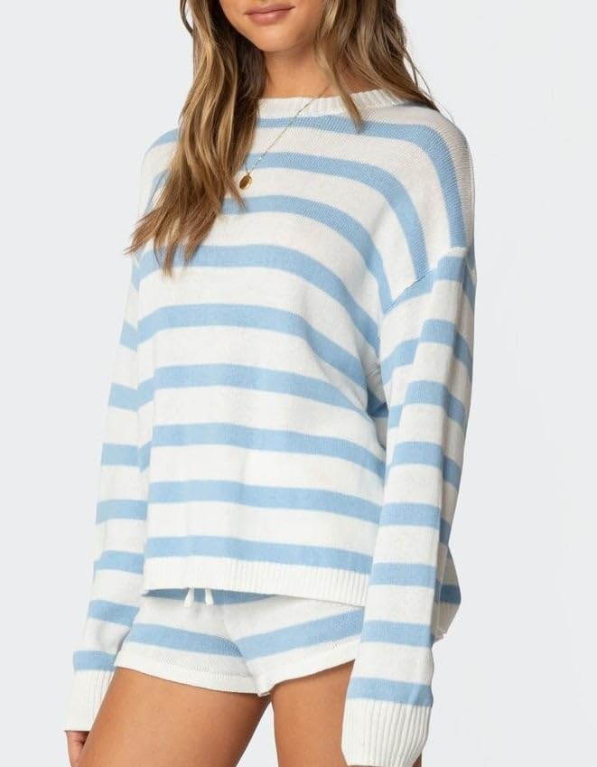 Women Striped Oversized Lounge Sets 2 Piece Long Sleeve Knit Sweater Top Mini Shorts Color Block Pajama Set2