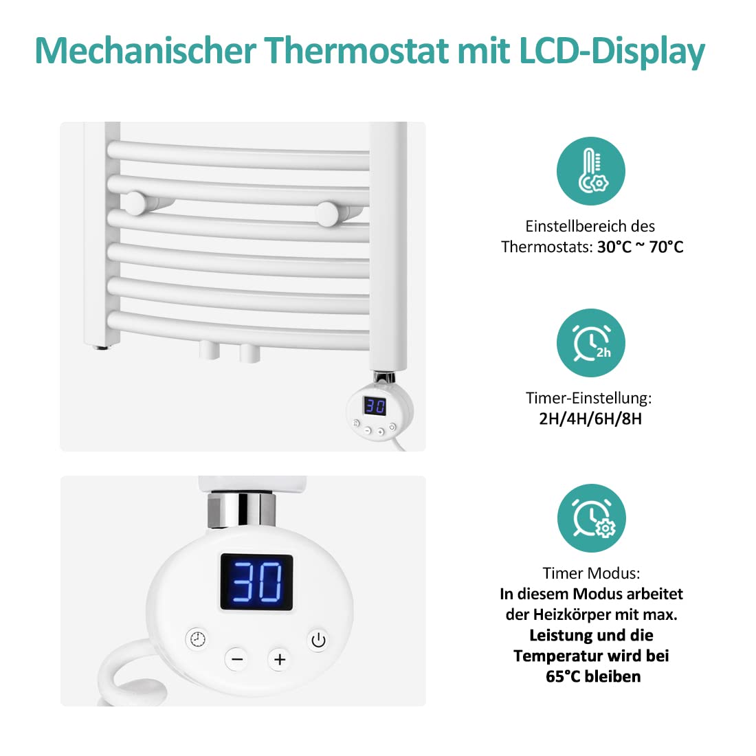EMKE Barra de calefacción con termostato para radiador de baño, 300 W, Cartucho de calefacción de Acero Inoxidable para radiadores, Toallas, Calentador de Toallas, eléctrico, Color Blanco