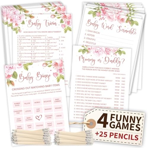 WOODAMORE Funny Baby Shower Games - Floral Bingo Cards for 25 Guests, Word Scramble Mommy Or Daddy Game, Trivia Flower Decorations Ideas