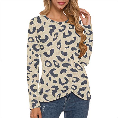 MISFAY Womens Casual Top Long Sleeve Cute Twist Knot Waffle Knit Shirts Tops (L, Khaki Leopard)