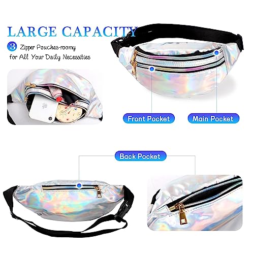 JunD Metallic Bauchtasche Damen - Holografische Gürteltasche aus PU Leder, Wasserdicht und Reflektierend, 80er & 90er Jahre Retro-Stil (Silber+Rosa), 2 Stück
