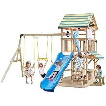 All Solid Fir Wooden Swing Set w/Large Upper Deck & Slide, Playset for Kids w/Steering Wheel, Play Telescope, 8-in-1 Playground Set, Sandbox, Snack Bench, Rock Wall