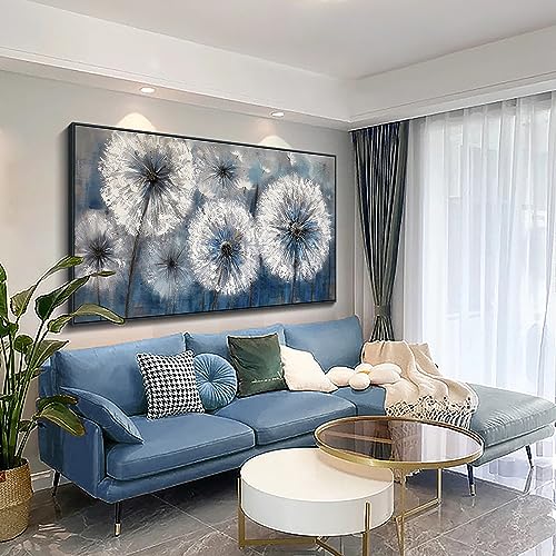 Image of Pogusmavi Dandelion Wall Art Blue Wall Decor Painting Living Room Plant Pictures Framed Paintings for Wall Decorations Artwork for Walls Dining Room Decor 29x58 Black Framed