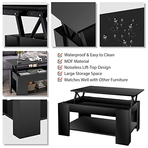 Super Deal Lift Top Coffee Table With Hidden Compartment And Storage Shelves, Modern Rising Tabletop Dining Table With Sturdy Metal Frame For Living Room Reception Room, 38.5 In L, Black #TOP4