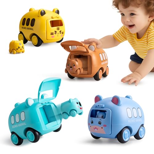 Image of VangeBow Push and Go Cars for Toddlers 1-3, 4 Pack Launcher Zoo Animal Car Toys for 1 2 3 4 Year Old Boys Girls, Infant Inertia Drive Vehicles Set for Kid Baby First Birthday Christmas Easter Gifts