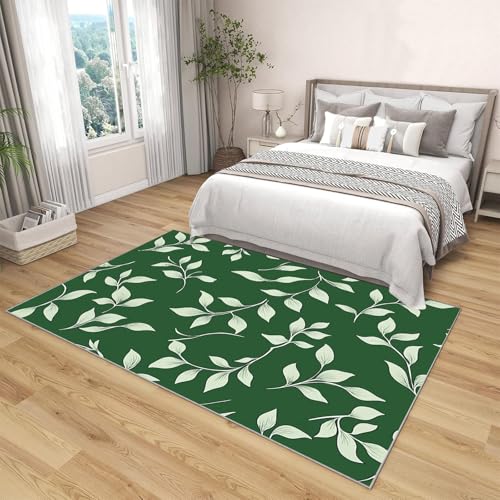 Tapis grand format 150x210 motif feuilles blanches lavable antidérapant