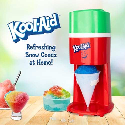 Image of Kool-Aid Electric Ice Shaver for Snow Cones & Frozen Drinks - Single Serve Machine with Stainless Steel Blades - Reusable Cone and Freezing Bowl Mold Included - Strawberry Red