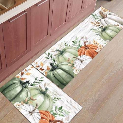 BABE MAPS Sage Green Pumpkin Kitchen Rugs 2Pcs Fall Green Orange Autumn Leaves Wooden Absorbent Non Slip Kitchen Mats and Rugs Thanksgiving Kitchen Floor Mats for Sink Laundry 15.7x23.6in+15.7x47.2in