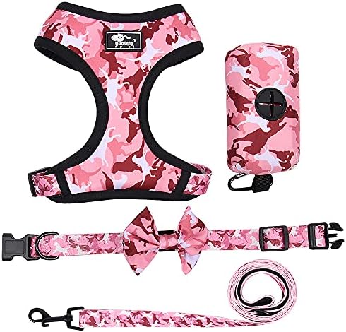 A4DOG Medium Pink Dog Harness and Leash Set, No Pull Reflective, Soft Mesh, Bow-tie Collar, Leash, Poop Bag Holder
