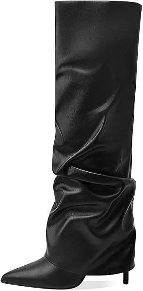MOTIMODEN Women's Knee High Boots Fold Over Side Zipper Long Boots Pointed Toe Black White Women Dress Tall Boots for Women