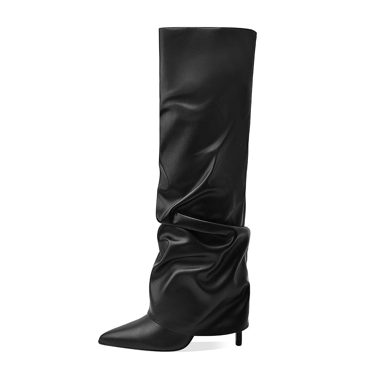 MOTIMODEN Women's Knee High Boots Fold Over High Heel Pointed Toe Black White Long Boots Women Dress Tall Boots for Women
