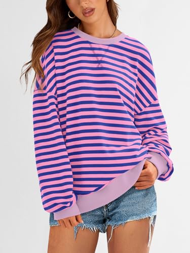 Image of PRETTYGARDEN Womens Striped Oversized Sweatshirt Color Block Crew Neck Long Sleeve Casual Loose Pullover Top Y2K Clothes