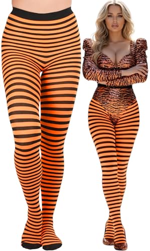 ToBeInStyle Women's Colorful Opaque Striped Tights Pantyhose Stocking Hosiery - Black/Neonorange - One Size