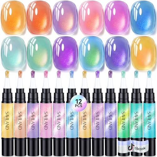 Saviland Kit de Gel para Uñas Cat Eye 3 en 1 12 Colores 4ml