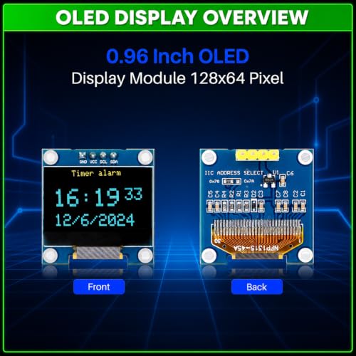 Image of 0.96 Inch OLED Display Module SSD1306 128x64 Pixel I2C IIC Serial Screen, Blue Display for Arduino, Raspberry Pi, ESP32 Projects (3.3V-5V)