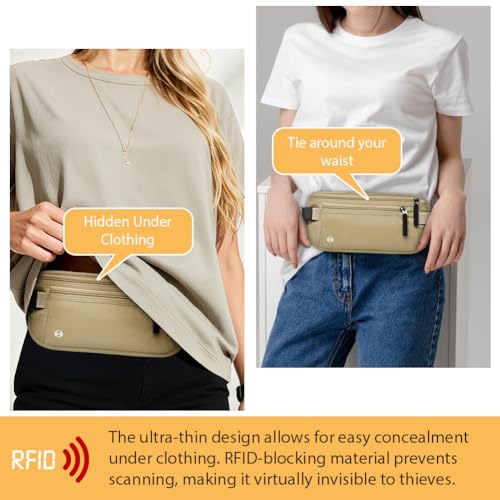 DiULi Pasek na pieniądze z blokowaniem RFID do podróży, ukryta torebka biodrowa z regulowanym elastycznym paskiem na talię, bezpieczne etui na paszport z 5 DARMOWYMI wnękami na karty, Khaki, Normale