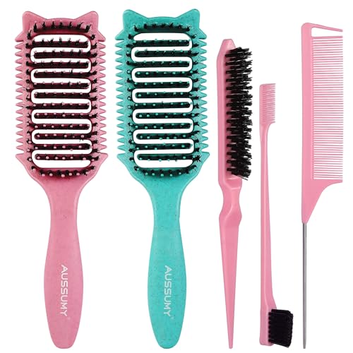 Aussumy 2 Pack Curly Defining & Detangling Brush - With Boar Bristle & 3 Styling Comb Tools –...