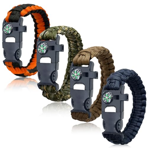 Lot de 4 bracelets de survie en paracorde 5 en 1 avec allume-feu, boussole et sifflet | Équipement d'urgence en plein air pour le camping, la randonnée