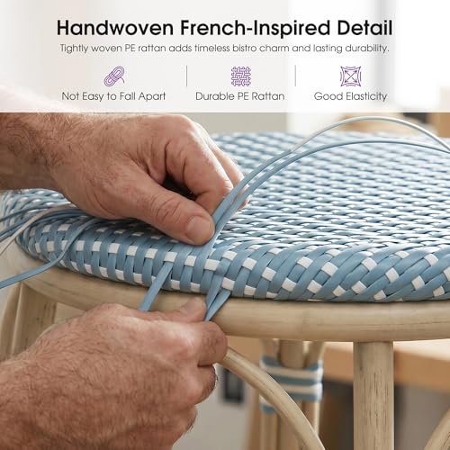 Image of PURPLE LEAF Outdoor French Round Bar Stool Set of 2 Oversized 30 inch Armless Rattan Barstools White Print Aluminum Footrest for Patio Yard Island Kitchen Bistro Wicker Chairs Soft Blue