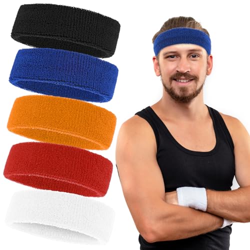 Mabor - Diademas deportivas para hombres y mujeres, paquete de 5 bandas de sudor para atletismo, correr, ciclismo, ejercicio, gimnasio, baloncesto, fútbol (coloridas)