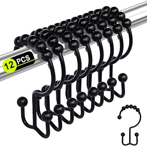 Yapicoco Shower Curtain Hooks Rings for Bathroom, 12PCS Stainless Steel Metal Rust Resistant Balance Sliding Double Hooks Shower Curtain Rings for Shower Curtains, Clothing, Towels, etc.(Matte Black) Cover