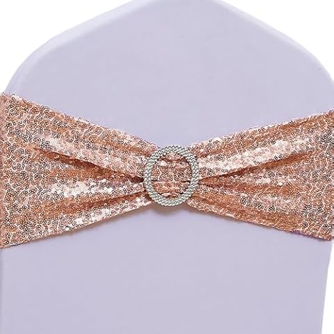 SINSSOWL Pack of 100 Spandex Sequin Chair Sashes for Wedding, Chair Sash Buckles Chair Sashes for Folding Chairs Party Fiesta Baby Shower Decor Chair Bands - Rose Gold Chair Sashes Cover