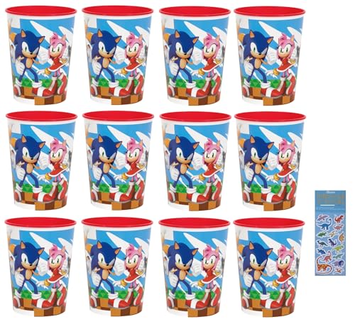 Unique Sonic the Hedgehog Birthday Party Supplies Bundle includes 12 Plastic Reusable Cups 16oz and 1 Dinosaur Sticker Sheet