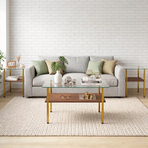 Image of 3 Piece Coffee Table and End Table Set, Living Room Table Set with Tempered Glass Top,Wooden Storage Shelves & Golden Metal Legs, 2-Tier Coffee Table Set of 3,Easy Assembly for Apartment Small Space