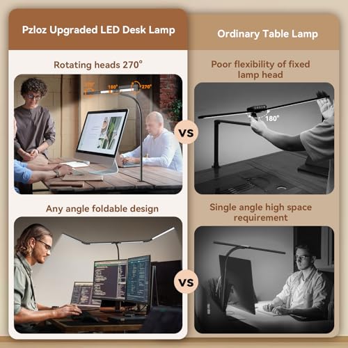 Image of Pzloz Led Desk Lamps for Home Office - Eye Caring Architect Lamp with Clamp, Double Head Computer Monitor Work Desk Light with Remote Control: 24W Flexible Dimmable Desktop Table Lamp