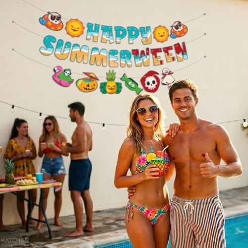 Image of Katchon, Happy Summerween Banner - 3 Strings Pre-Strung, 10 Feet Each, Summerween Party Decorations, Summer Halloween Decorations for Pool Party, Beach Party & Tropical Spooky Celebration