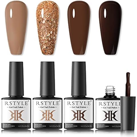 RSTYLE Gel Nagellack, 4 Farben UV Nagellack Set Nude Braun Neutral Shellac Set Starterset Gel Nail Polish Soak Off Gel Nägel Nageldesign Nagel Gellack Nail Art Salon Design Braun Gold Cover