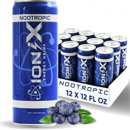 Image of Nootropic Energy Drink - ionix Nootropic Drink to Boost Focus and Mood with Natural Green Tea Caffeine, Vitamins & Prebiotic for Gut Health, Pure Cane Sugar & L-Theanine - 12 fl oz Cans (Pack of 12)