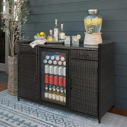Merax 53.5" W Outdoor Wicker Storage Cabinet with Fridge Space, Patio Storage Table with Glass Top, Mini Fridge Bar Cabinet with Adjustable Shelves & Drawers for Poolside Garden Kitchen, Brown Black