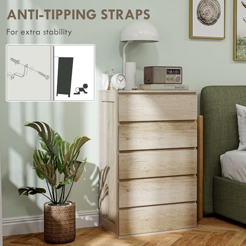 HOMCOM Cómoda de 5 cajones de Estilo Moderno con Mecanismo de Cierre Suave, para Dormitorio, salón - 60 x 38 x 100 cm, Madera Natural - imagen 6