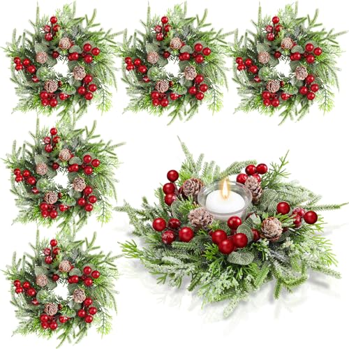 Lyrow 8 Pcs Christmas Candle Rings Wreath Xmas Kitchen Cabinet Mini Wreath Artificial Berries Snowy Pine Candle Ring Holder for Christmas Chandelier Home Table Centerpiece Indoor Decor