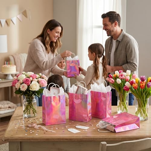 Image of BLEWINDZ 32Pcs Small Paper Gift Bags with Tissues, Iridescent Party Favor Bags with Handles, Holographic Pink Gift Bag for Wedding Baby Shower Birthday Party Supplies