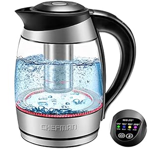 Chefman Electric Kettle with Temperature Control, 5 Presets LED Indicator Lights, Removable Tea Infuser, Glass Tea Kettle & Hot Water Boiler, 360° Swivel Base, BPA Free, Stainless Steel, 1.8 Liters