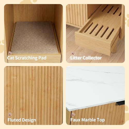 Image of Cat Litter Box Enclosure with Litter Collector,Fluted Hidden Litter Box Furniture with Scratch Pad,31 inch Wooden Cat Cabinet,Cat House,TV Stand,Side Table for Living Room,Natural with Marble Tabletop
