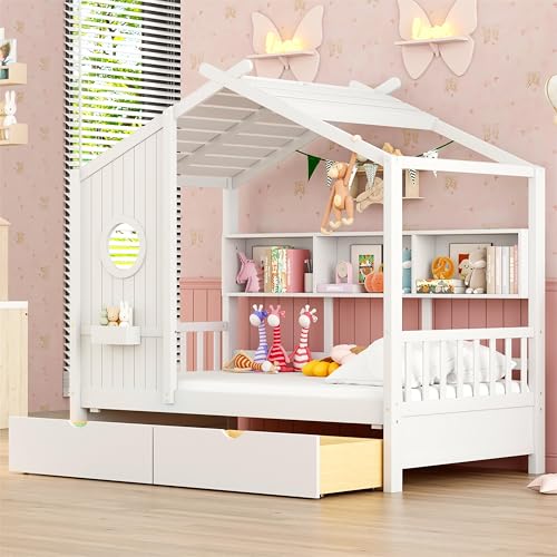 Image of Modern Twin Size House Bed with Roof and Window, Wooden Daybed Frame with Shelves and 2 Drawers,Bedroom Furniture for Girls & Boys (White+2 Drawers /)