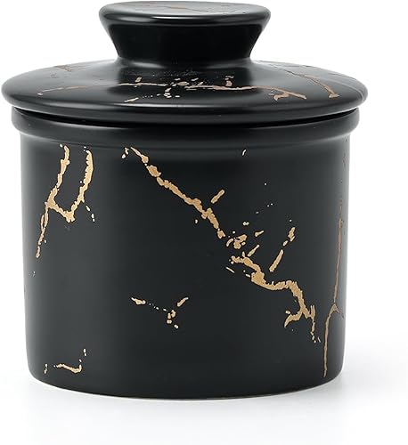 XELA Mantequilla de cerámica, plato de mantequilla francesa para mostrador, manteca con línea de agua para mantequilla fresca untable - negro dorado