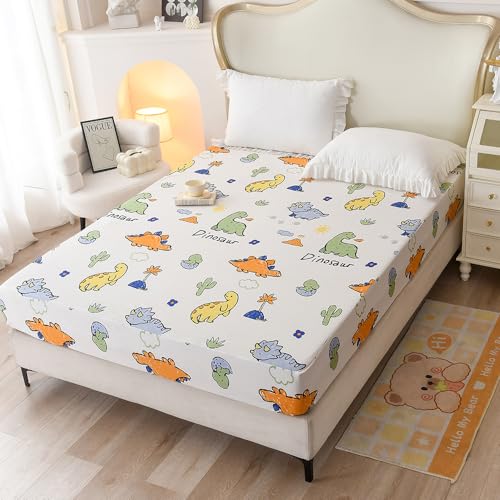 Image of Bedding Fitted Sheet with Deep Pocket,Thicken Printed Fabric Bed Sheets (Colorful Dino, Full)