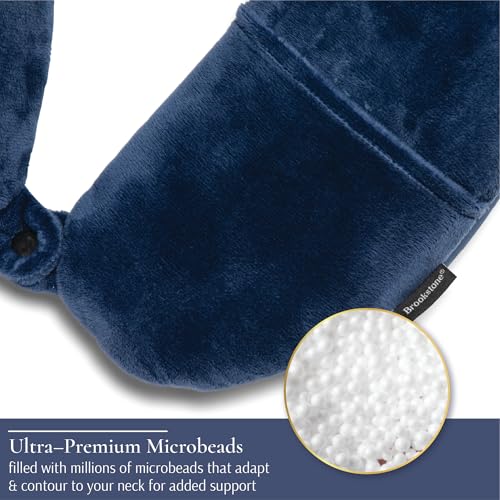 Image of Brookstone Microbead Neck Pillow - Super Soft Cozy Lightweight Plush Travel Pillow with Phone or Headphone Pocket, Blue