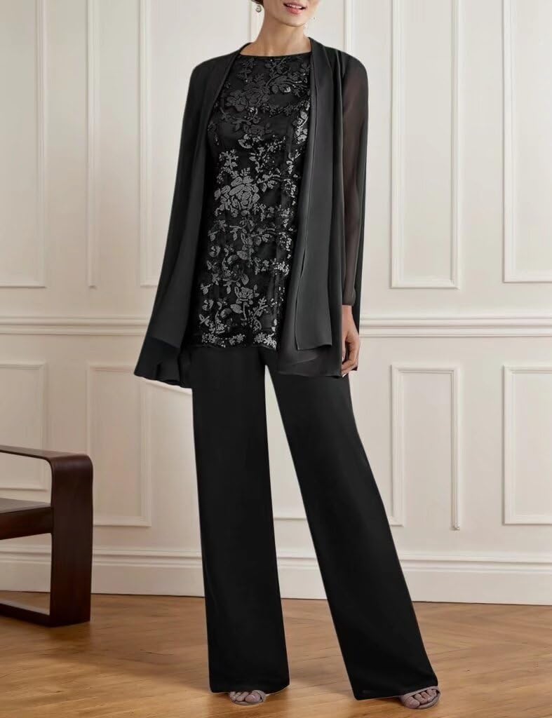 3 PCS Mother of The Bride Pant Suits for Women Dressy Long Sleeve Formal Pantsuits for Wedding Guest