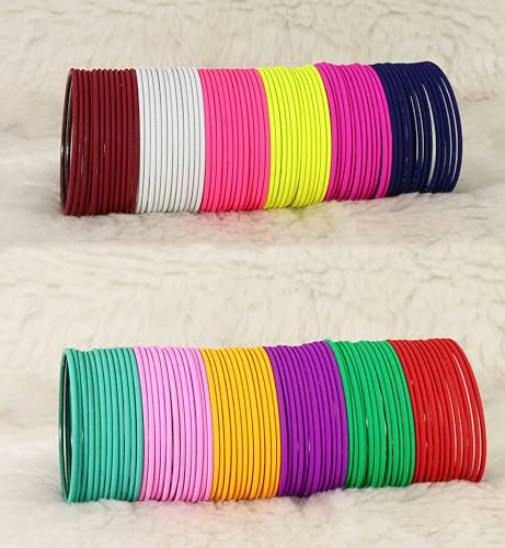 Image of NMII Stylish Multi colour Metal Bangles set for women and Girls with Zari and Cutting Design | Fancy Multicolour Bangles for women | Metal Chudi Set For Women | Women's Bangles